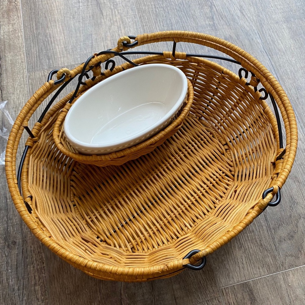 Princess House Meridian 2135 Oval Rattan Metal Basket White Ceramic Dip Bowl Set